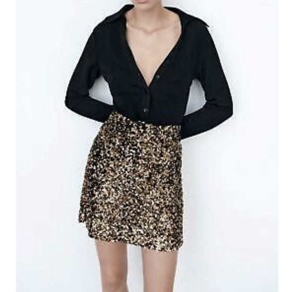 ZARA Gold Sequined Mini Skirt Size S